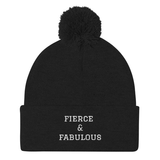 "Fierce & Fabulous" Embroidered Pom-Pom Beanie